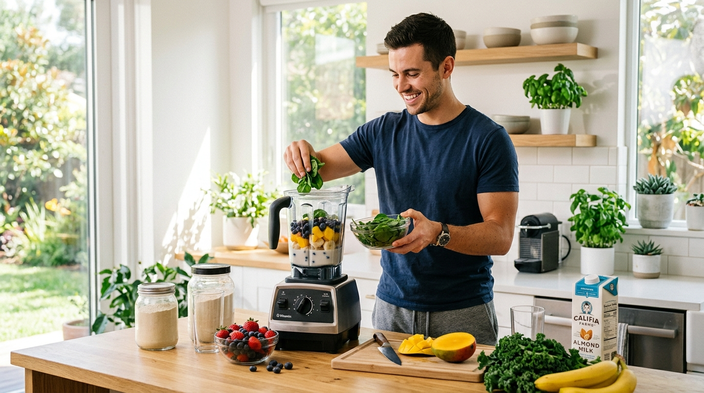 Person bereitet einen frischen Smoothie in der Küche vor – gesunder Morgenstart