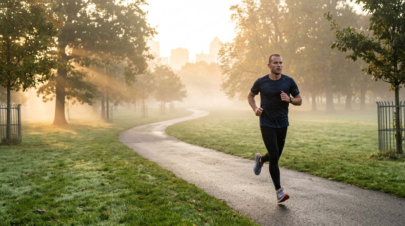 Person joggt im Morgenpark – aktiver Tagesstart in frischer Luft